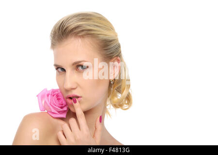 Belle blonde avec rose rose Banque D'Images