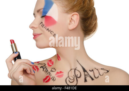 Femme heureuse avec un miroir sur le thème de Paris Banque D'Images