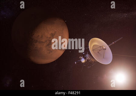 Illustration numérique d'un engin spatial non habité près de Mars Banque D'Images