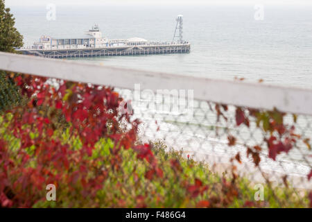 Regardant vers le bas sur la jetée de Bournemouth et de la plage à l'automne avec des feuilles de vigne en Octobre Banque D'Images