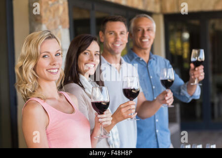 Smiling group holding wineglasses et leur ligne de commandes Banque D'Images