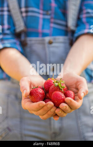 Femme montrant ses fraises biologiques Banque D'Images