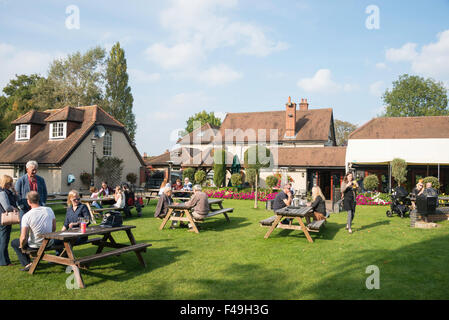 Jardin de bière au pub de la demi-lune, Church Road, Anseremme, Surrey, Angleterre, Royaume-Uni Banque D'Images