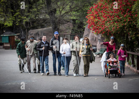 Buenos Aires, Argentine. 15 Oct, 2015. Les visiteurs aveugles à pied dans un zoo au cours de l'expérience activités Zoo', dans le cadre de la Journée de la canne blanche, dans la ville de Buenos Aires, Argentine, le 15 octobre 2015. © Martin Zabala/Xinhua/Alamy Live News Banque D'Images