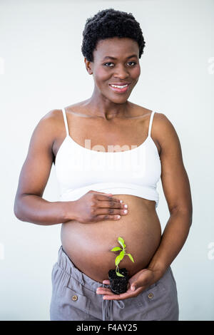 Pregnant woman holding a small plant Banque D'Images