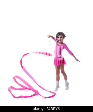 Adorable petite danse gymnaste avec ruban Banque D'Images