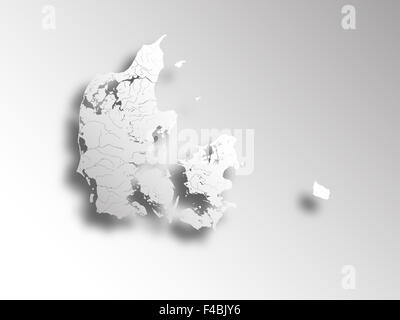 Carte du Danemark avec effet coupe papier. Les rivières et lacs sont indiqués. Banque D'Images