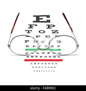 Verres sur l'échelle Snellen eye chart vue d'arrière-plan de test Banque D'Images