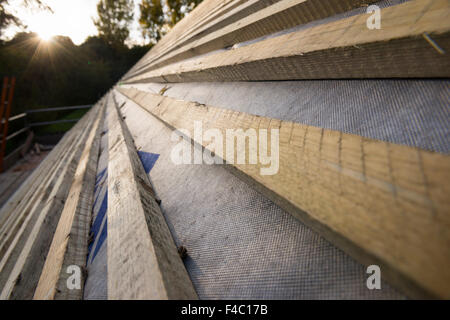 Lattes de toiture nouvellement posées sur un toit en construction. Banque D'Images