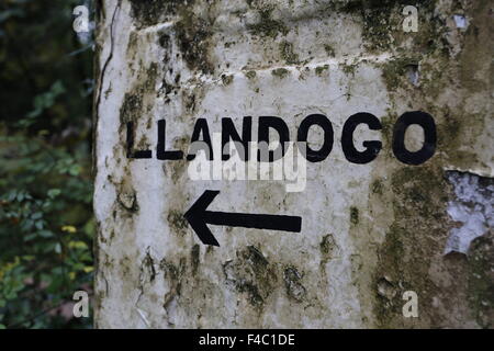 Vieux Milepost montrant le chemin vers Tintern et Llandrogo, Wye Valley Walk, Monmouthshire Banque D'Images