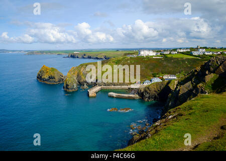 Paysage de la côte des Cornouailles au-dessus de Mullion Cove depuis le sentier de la côte sud-ouest regardant le long de la péninsule de Lizard, Angleterre, Royaume-Uni Banque D'Images