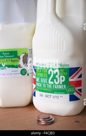 UK. 16 octobre 2015 - supermarché Morrisons ont introduit leur propre marque 'Milk pour les produit. Le consommateur peut choisir de payer un supplément de 23 pence pour une 4 bouteille, payer £1.12p au total. L'utilisation des 23p sera retourné par Morrisons directement au secteur laitier. Les acheteurs peuvent s'ils le désirent acheter le même produit à Morrisons pour seulement 89p avec pas d'argent doit être retourné à l'industrie laitière. Banque D'Images