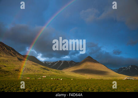 Soirée arc-en-ciel sur la vallée Heradsvotn, Varmahlid, Skagafjordur, Nordhurland Vestra, Islande. Banque D'Images