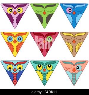 Ensemble de neuf visages cute owl colorés placés dans des formes triangle et isolé sur un fond blanc, cartoon vector illustration comme Illustration de Vecteur