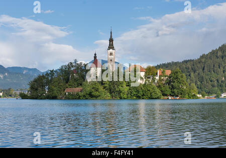 Île sur le lac de Bled en Slovénie avec l'église de l'Assomption Banque D'Images