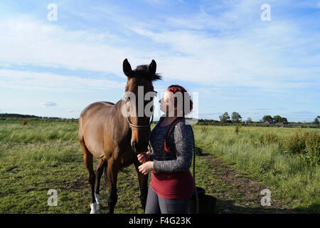 Emily et son alimentation Cheval et le pâturage - grand cheval brun Banque D'Images