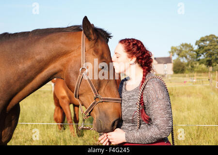 Emily et son alimentation Cheval et le pâturage - grand cheval brun Banque D'Images