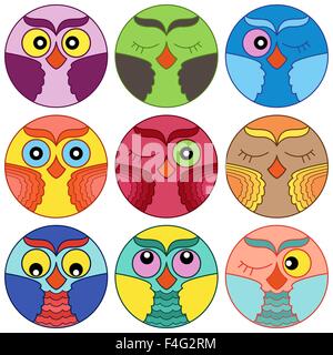 Ensemble de neuf visages cute owl colorés placés en cercle formes et isolé sur un fond blanc, cartoon vector illustration comme ic Illustration de Vecteur