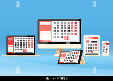 Téléphone de bureau Ordinateur portable tablette numérique Date du calendrier du Dernier Jour Mois Illustration de Vecteur