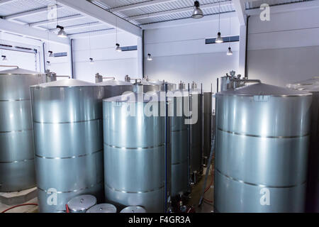 Des cuves en acier inoxydable pour la fermentation du vin en usine Banque D'Images