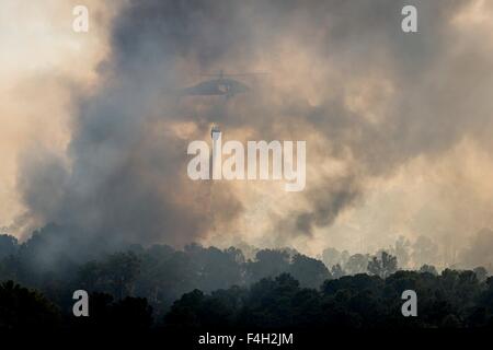 La Garde nationale du Texas UN UH-60 Black Hawk gouttes d'eau sur le feu pins caché 14 octobre 2015 près de Bastrop, Texas. Banque D'Images