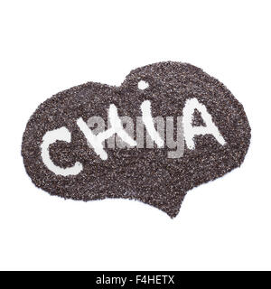 Mot écrit à la main en forme de cœur à Chia Chia fabriqués à partir de graines sur blanc, selective focus Banque D'Images