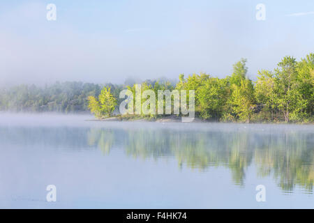 Matin brumeux sur la rivière Vermilion, corégone, Ville du Grand Sudbury, Ontario, Canada. Banque D'Images