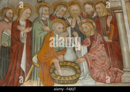 16ème siècle un tableau représentant Jésus lave les pieds de ses disciples, Saint Antony's Chapel, Bessans, Savoie, France, Europe Banque D'Images