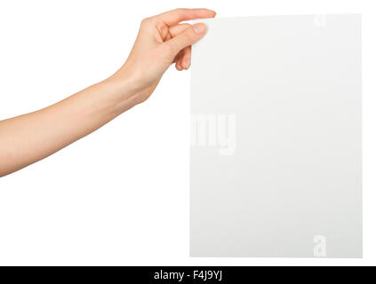 La main gauche de womans holding blank paper Banque D'Images