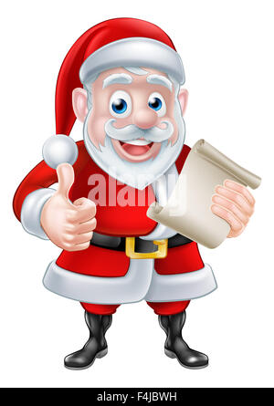 Cute cartoon Santa Claus avec sa liste de noël faites défiler ou une lettre faisant un Thumbs up and smiling Banque D'Images