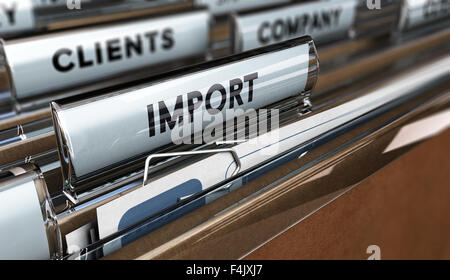 Close up sur un onglet de fichier avec le mot l'importation, l'accent sur le texte principal et l'effet de flou. Concept de droit pour l'illustration de la bu Banque D'Images