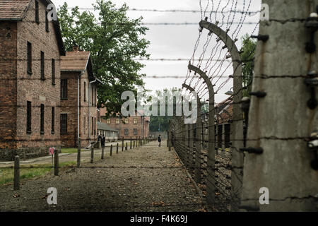 Une vue des clôtures à Auschwitz, Oswiecim, Pologne Banque D'Images