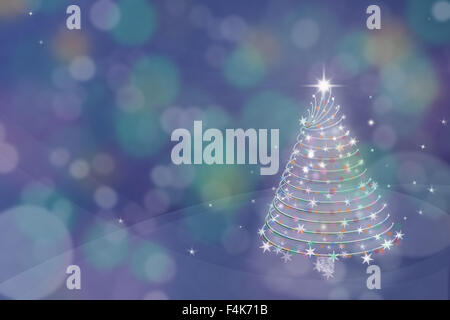 Arbre de Noël magique illustration fond bleu avec le bokeh coloré Banque D'Images