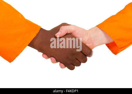 Close up of construction workers handshake on white background Banque D'Images