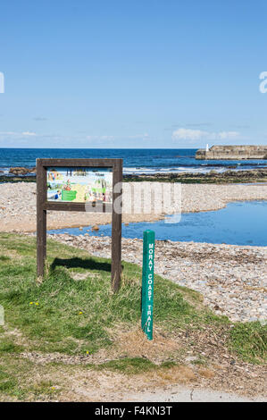 À l'ouest le long de la plage de la Baie de Cullen et de l'information, conseil, Moray Firth, Écosse. Banque D'Images