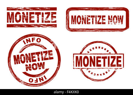 Ensemble de timbres rouge stylisé montrant le terme monétiser. Le tout sur fond blanc Banque D'Images