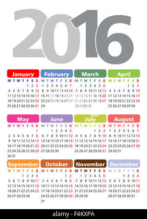 Calendrier pour 2016 Vector, la semaine commence le lundi Banque D'Images