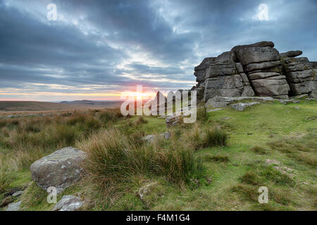 Coucher de soleil sur l'Hessary Tor près de Princetown à Dartmoor dans le Devon Banque D'Images