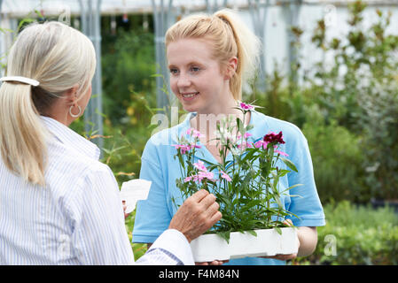 Donner des conseils aux membres du personnel de l'usine à la clientèle féminine Garden Centre Banque D'Images