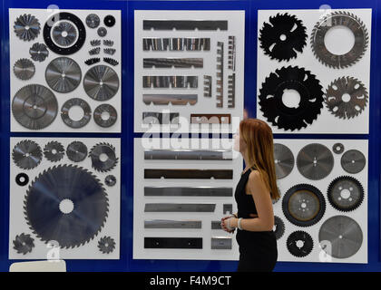 Brno, République tchèque. 20 Oct, 2015. Salon Professionnel International des Wood-Tec commence à Brno, en République tchèque, le 20 octobre 2015. La femme est à la recherche de produits à SC de l'entreprise. © Vaclav Salek/CTK Photo/Alamy Live News Banque D'Images