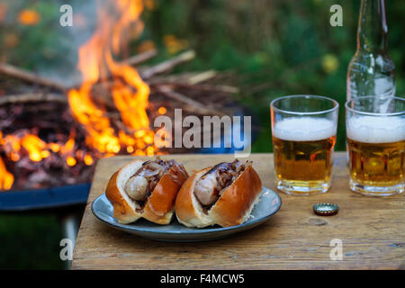 Hot-dogs avec des oignons frits Banque D'Images