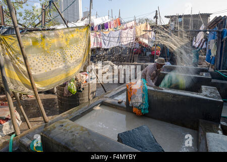 Un travail est à chiffons laver mahalaxmi dhobi ghat, la plus grande piscine en plein air blanchisserie. environ 5000 travailleurs vivent et travaillent ici, Banque D'Images