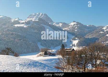 Paysage de montagne Hiver idyllique dans les Alpes avec des arbres couverts de neige sous ciel bleu profond. Région de Gruyère, province de Fribourg, Suisse Banque D'Images