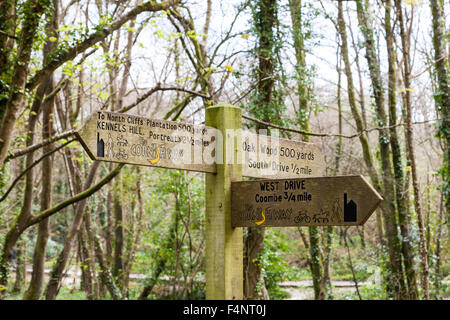 Un poteau de signalisation en Tehidy Country Park disant West Drive Coombe North Cliff Kennel Hill près de Portreath West Cornwall Pays Angleterre Banque D'Images