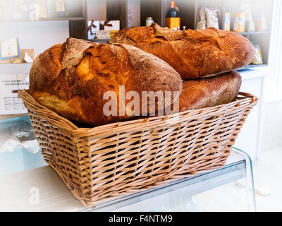 Un panier en osier rempli de pain italien croûté sur le comptoir d'une épicerie fine à Stockton Heath, Cheshire Banque D'Images