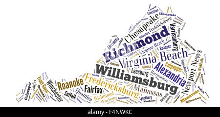 Nuage de mots en forme de Virginie montrant certaines des villes de l'état Banque D'Images