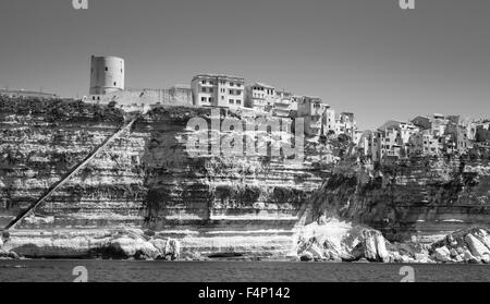 Vieille tour et maisons sur la côte rocheuse à Bonifacio, Corse, France. Photo monochrome Banque D'Images