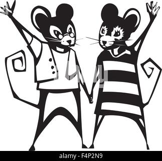 Souris boy and girl holding hands en noir en blanc Illustration de Vecteur