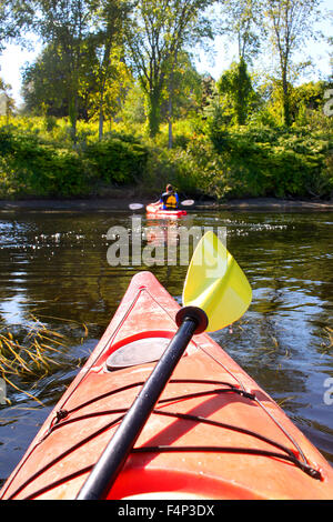 Kayak sur la rivière avec des arbres et un autre kayakiste en arrière-plan sur la rivière Saint-Jean, au Nouveau-Brunswick, dans les Maritimes en C Banque D'Images