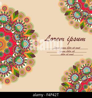 Carte de souhaits avec un mandala rond ornement sur un fond de sable. Motif floral coloré pour la conception et l'impression textile Illustration de Vecteur